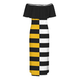 black solid print skirt Women's Off Shoulder Ruffle Boat Neck Dress (Model D71)