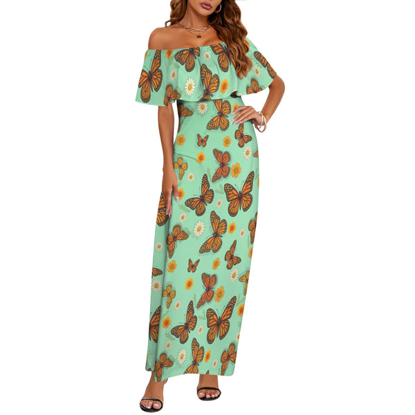 Butterfly Women's Off Shoulder Ruffle Boat Neck Dress