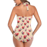 2 roses on light beige Women's Halter Neck Gather Chest Swimsuit (Model S52)