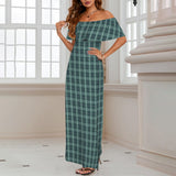 emerald print 5C Women's Off Shoulder Ruffle Boat Neck Dress (Model D71)