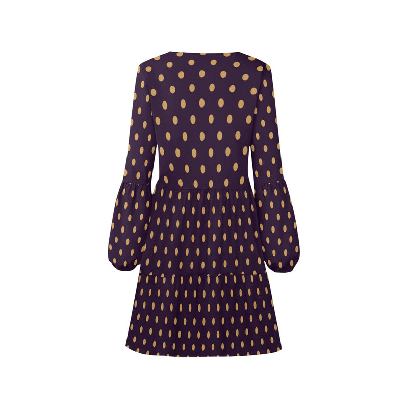 bronze polka dot on purple print V-Neck Loose Fit Dress (Model D62)