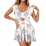 teddy bear and hearts print 2A Women's Ruffle Sleeve Skirted Swimsuit (Model S59)