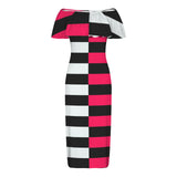 fuchsia striped two tone print 7A Women's Off Shoulder Ruffle Boat Neck Dress (Model D71)