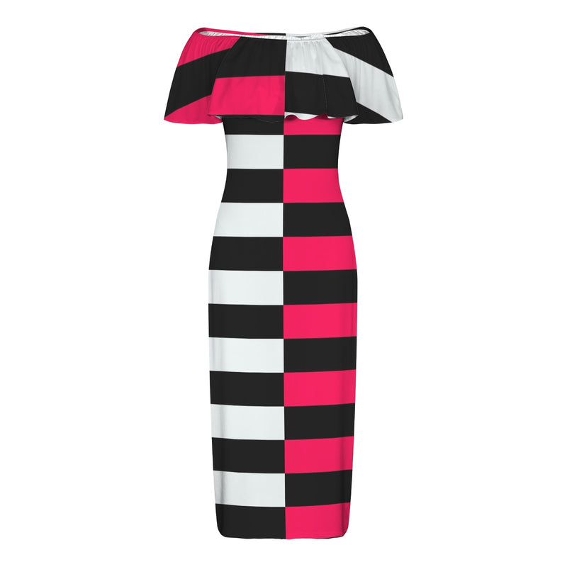 fuchsia striped two tone print 7A Women's Off Shoulder Ruffle Boat Neck Dress (Model D71)