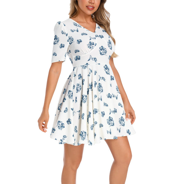 Short Sleeve Ruched Bust Flared Hem Dress