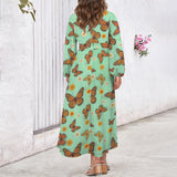 Butterfly Round Neck Long Sleeve Belted Maxi Dress