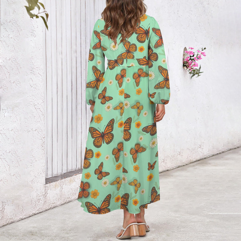 Butterfly Round Neck Long Sleeve Belted Maxi Dress