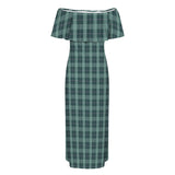 plaid emerald print Women's Off Shoulder Ruffle Boat Neck Dress (Model D71)