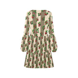 bronze print raspberry striped V-Neck Loose Fit Dress (Model D62)