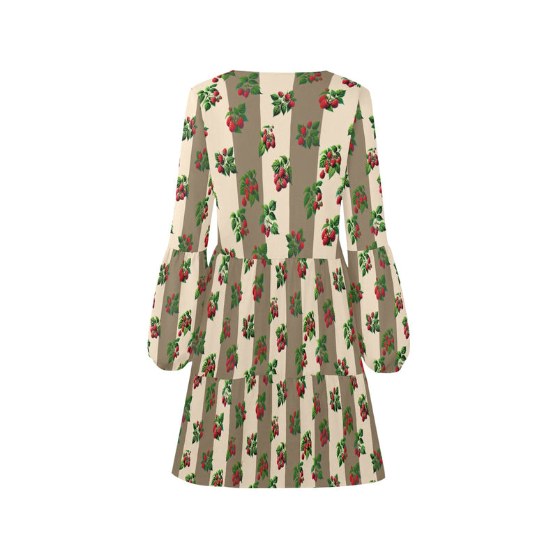 bronze print raspberry striped V-Neck Loose Fit Dress (Model D62)