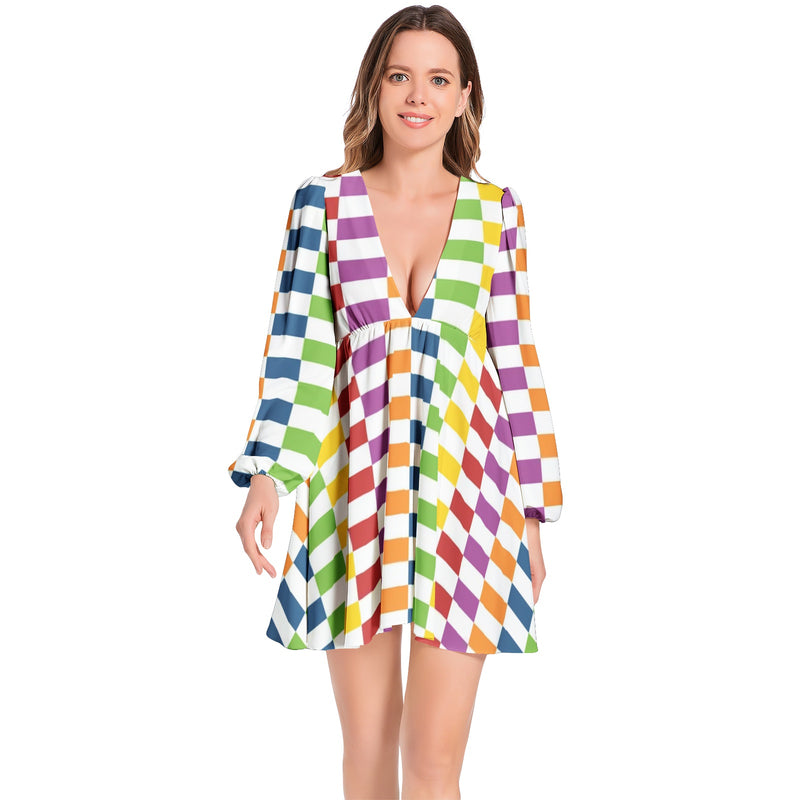 Lantern Sleeve Deep V-Neck Short Dress