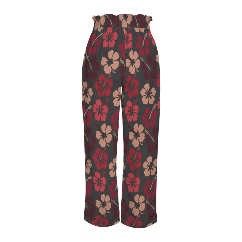 striped hibiscus print 3C Strappy Elastic Waist Wide Leg Pants with Pockets