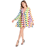 Lantern Sleeve Deep V-Neck Short Dress