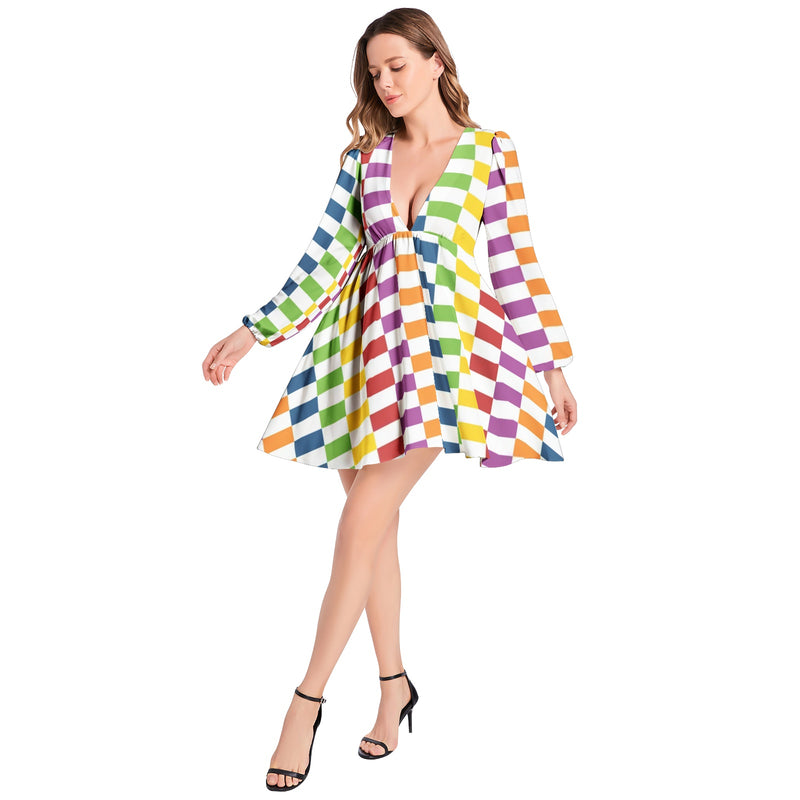 Lantern Sleeve Deep V-Neck Short Dress