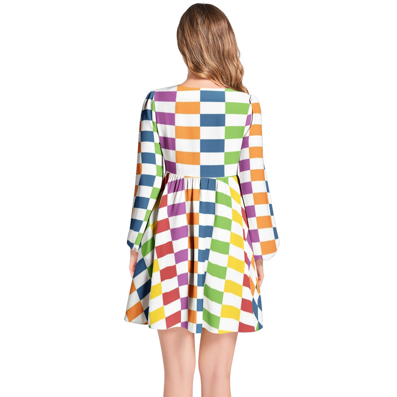 Lantern Sleeve Deep V-Neck Short Dress