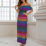 multicolored snakeskin Women's Off Shoulder Ruffle Boat Neck Dress (Model D71)