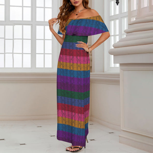 multicolored snakeskin Women's Off Shoulder Ruffle Boat Neck Dress (Model D71)