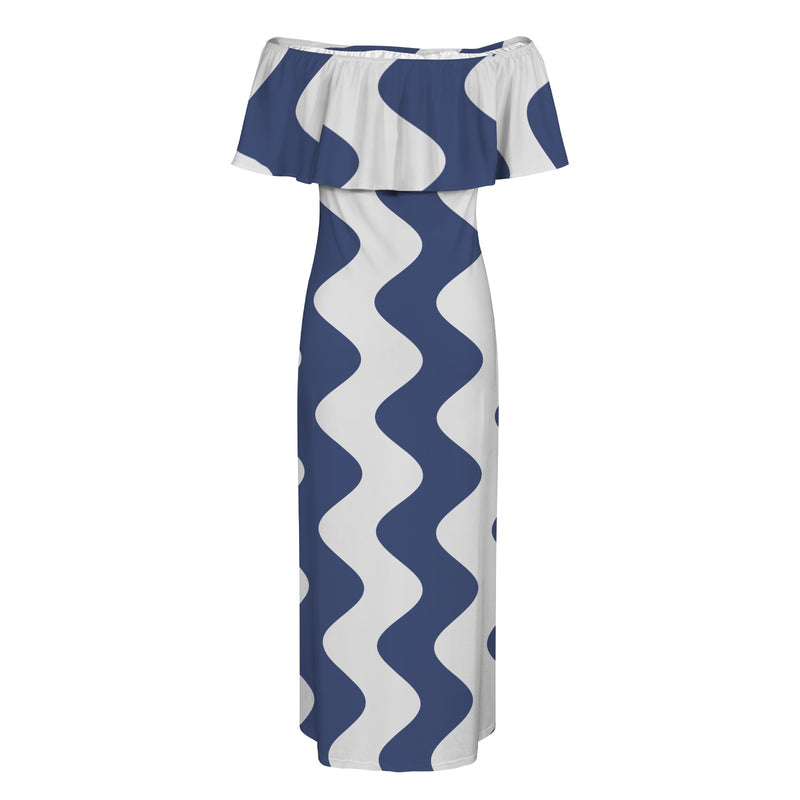 delft blue monarch butterfly print Women's Off Shoulder Ruffle Boat Neck Dress (Model D71)