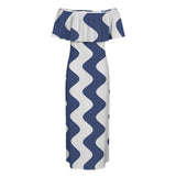 waves blue white print 2A Women's Off Shoulder Ruffle Boat Neck Dress (Model D71)