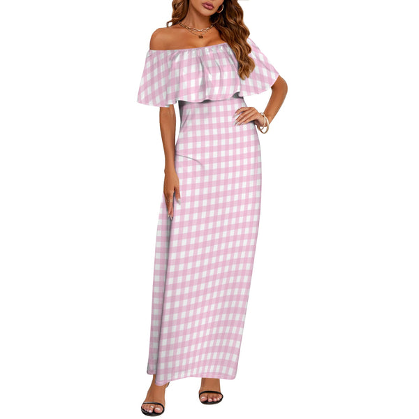 pink gingham print Women's Off Shoulder Ruffle Boat Neck Dress (Model D71)