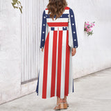 Stars and Stripes Round Neck Long Sleeve Belted Maxi Dress