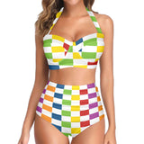 rect colored print 3A Women's Halter Neck Gather Chest Bikini Swimsuit (Model S53)