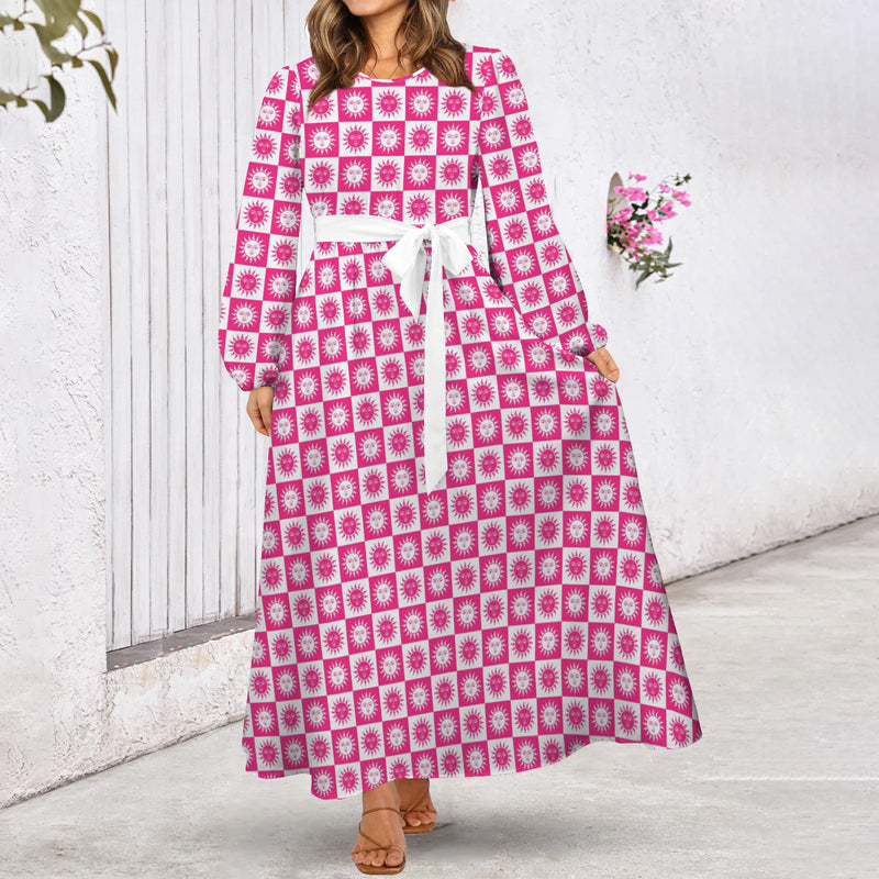 Got Sol Round Neck Long Sleeve Belted Maxi Dress