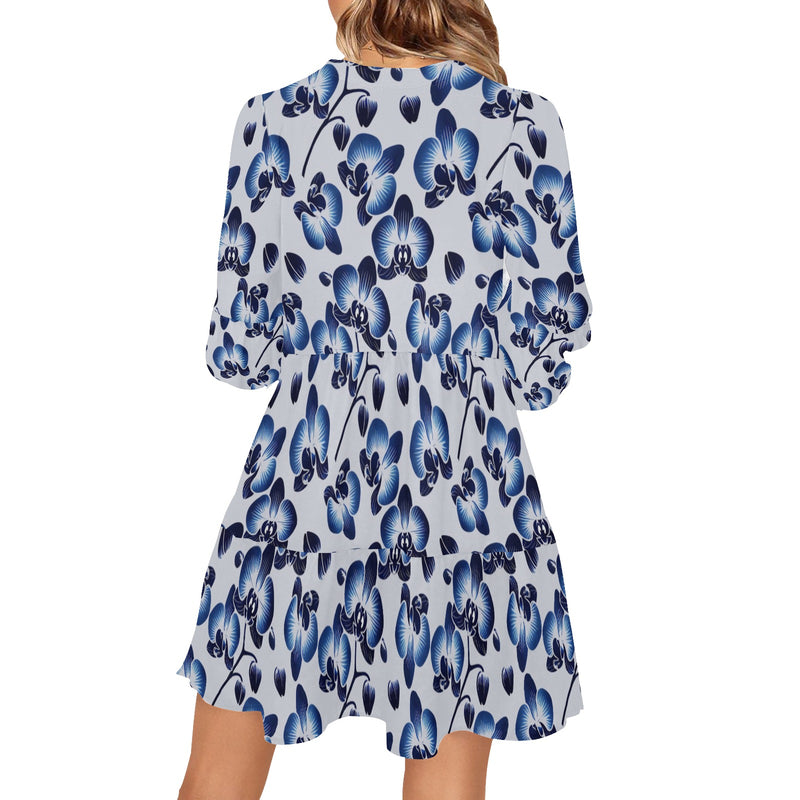 orchid print delft blue 2A V-Neck Loose Fit Dress (Model D62)