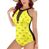 black solid print skirt Women's High Neck Plunge Mesh Ruched Swimsuit (S43)