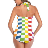 rect colored print 3A Women's Halter Neck Gather Chest Swimsuit (Model S52)