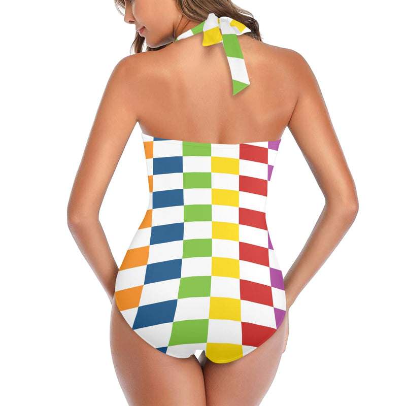 rect colored print 3A Women's Halter Neck Gather Chest Swimsuit (Model S52)