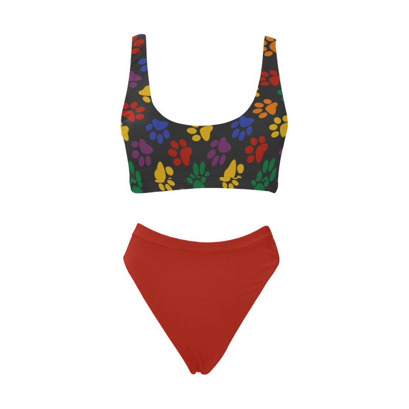paw red print Sport Top & High-Waisted Bikini Swimsuit (Model S07)