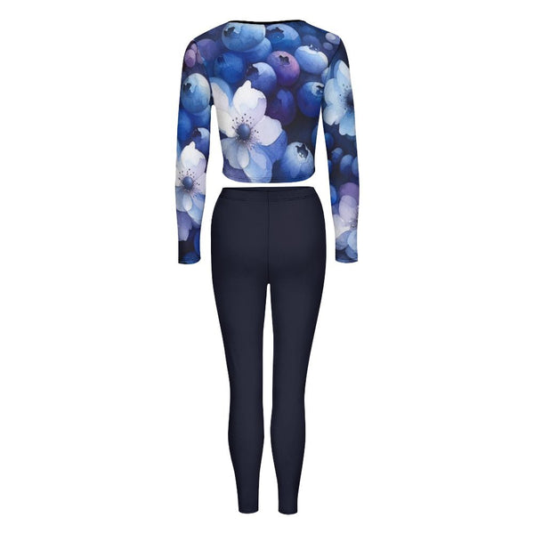 Blueberries and Blueberry Blossoms V-neck Long Sleeve Yoga Set V neck sweatshirt set
