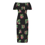 rasp on black print Women's Off Shoulder Ruffle Boat Neck Dress (Model D71)