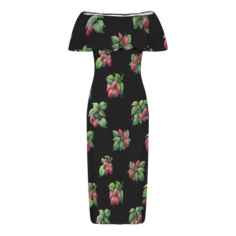 rasp on black print Women's Off Shoulder Ruffle Boat Neck Dress (Model D71)