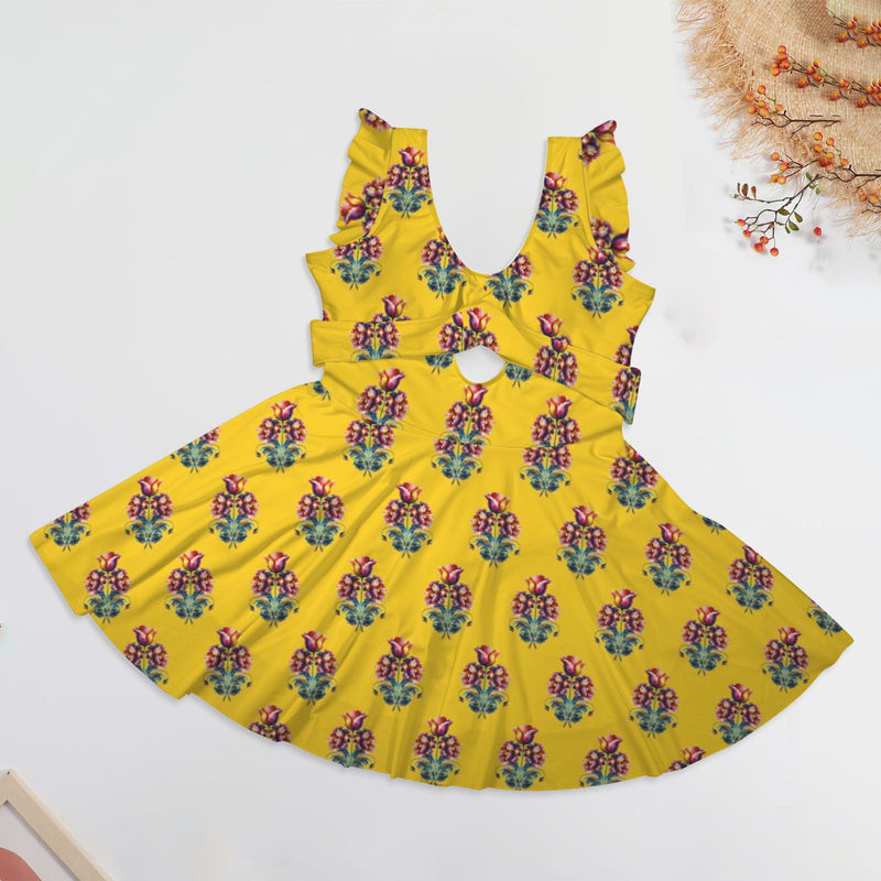 gold floral print 2 Women's Ruffle Sleeve Skirted Swimsuit (Model S59)