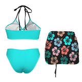 colorful hibiscus print Drawstring Halterneck Three-Piece Swimsuit Skirt