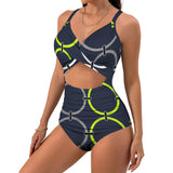 rings white print Women's Twist Front Tie Back Swimsuit (Model S57)