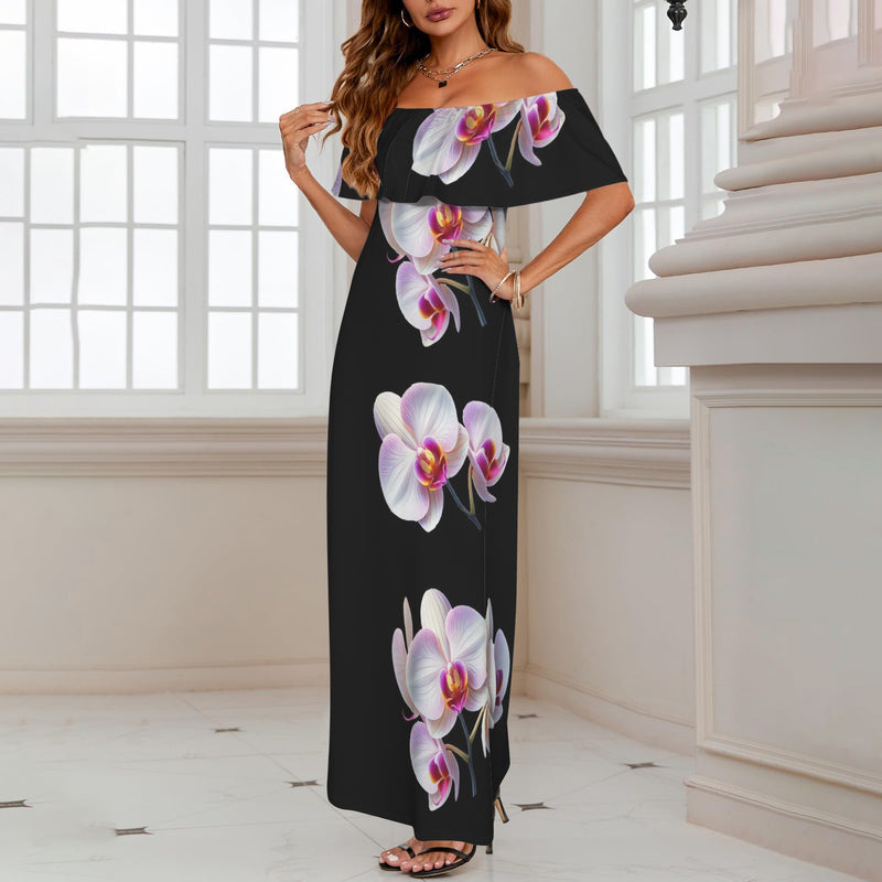 orchid print 5Z Women's Off Shoulder Ruffle Boat Neck Dress (Model D71)