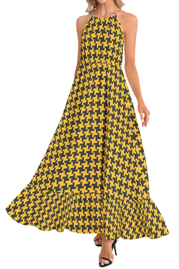 Houndstooth Ruffle Hem Halter Neck Maxi Dress