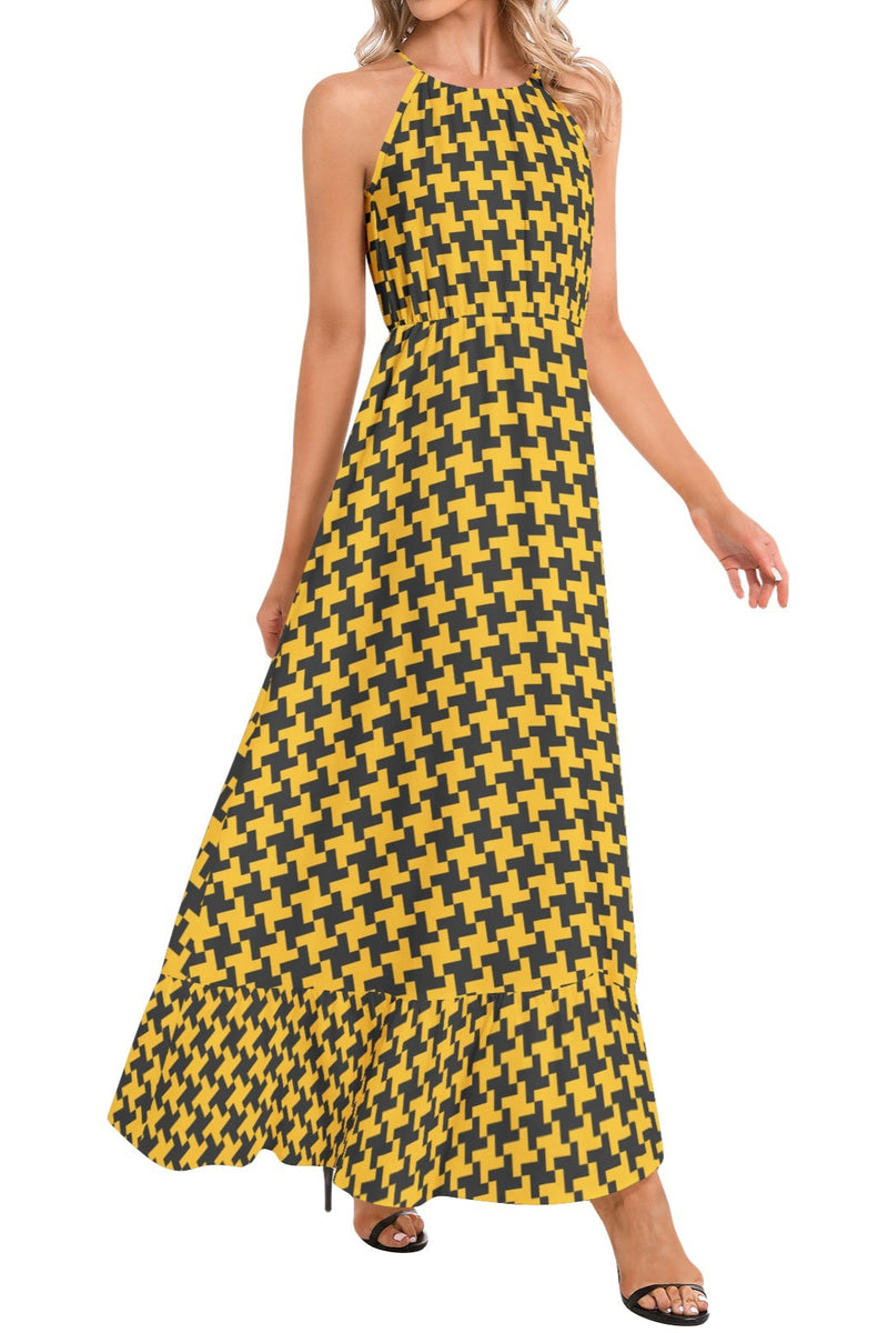 Houndstooth Ruffle Hem Halter Neck Maxi Dress