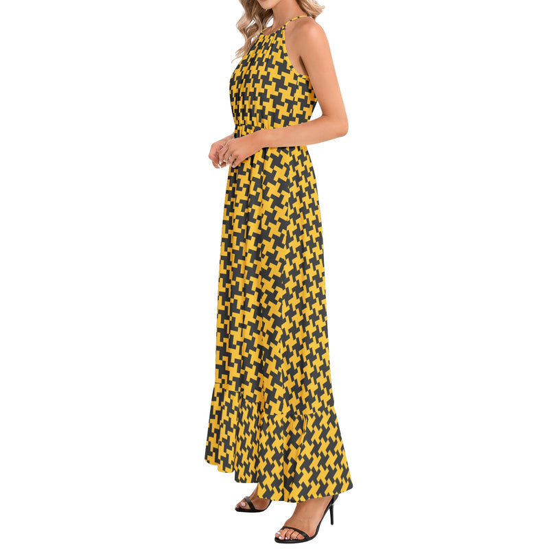 Houndstooth Ruffle Hem Halter Neck Maxi Dress