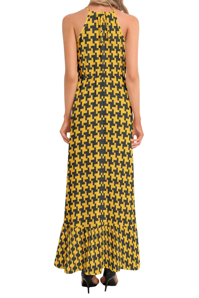 Houndstooth Ruffle Hem Halter Neck Maxi Dress