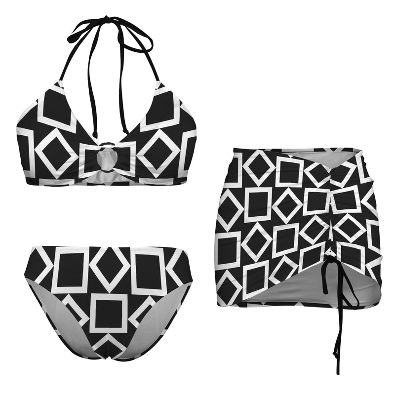square diamond bw print Drawstring Halterneck Three-Piece Swimsuit Skirt