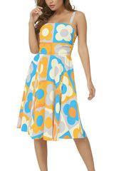 Retro Petals Sleeveless Square Neck Flare Hem Midi Dress