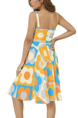 Retro Petals Sleeveless Square Neck Flare Hem Midi Dress