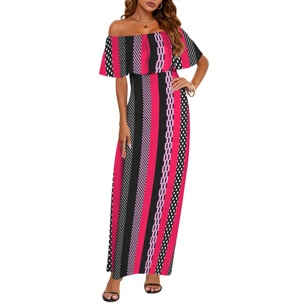 eclectic stripe print 4 Women's Off Shoulder Ruffle Boat Neck Dress (Model D71)