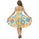 Retro Petals Sleeveless Square Neck Flare Hem Midi Dress