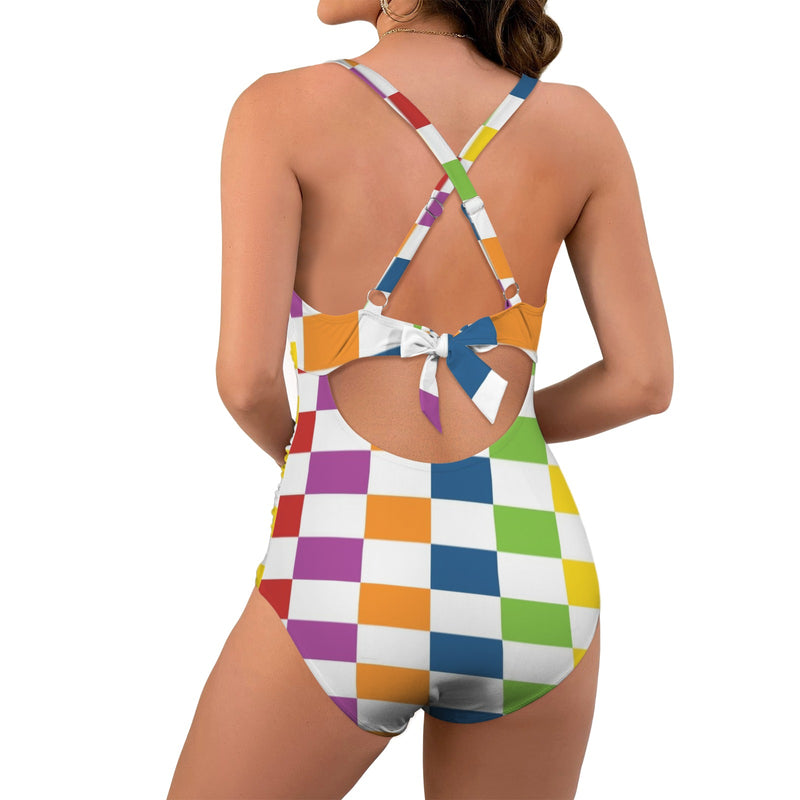 rectangle matrix print Women's Twist Front Tie Back Swimsuit (Model S57)