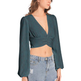 Women's Deep V-Neck Lantern Sleeve Crop Top